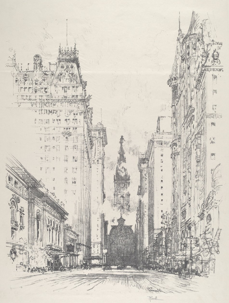 Tittar upp Broad Street från Spruce Street av Joseph Pennell