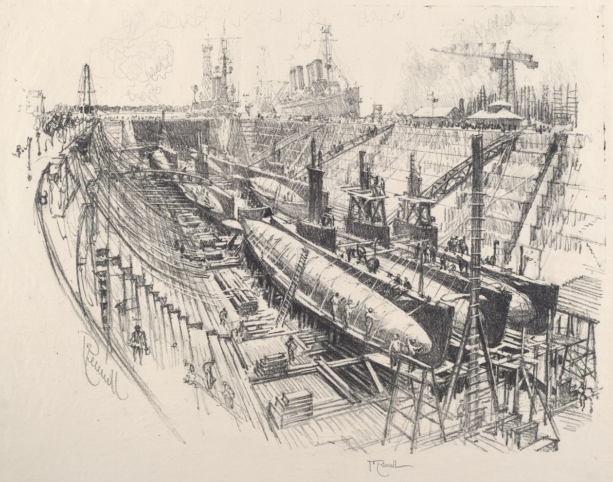 Ubåtar i torrdocka, 1917. av Joseph Pennell