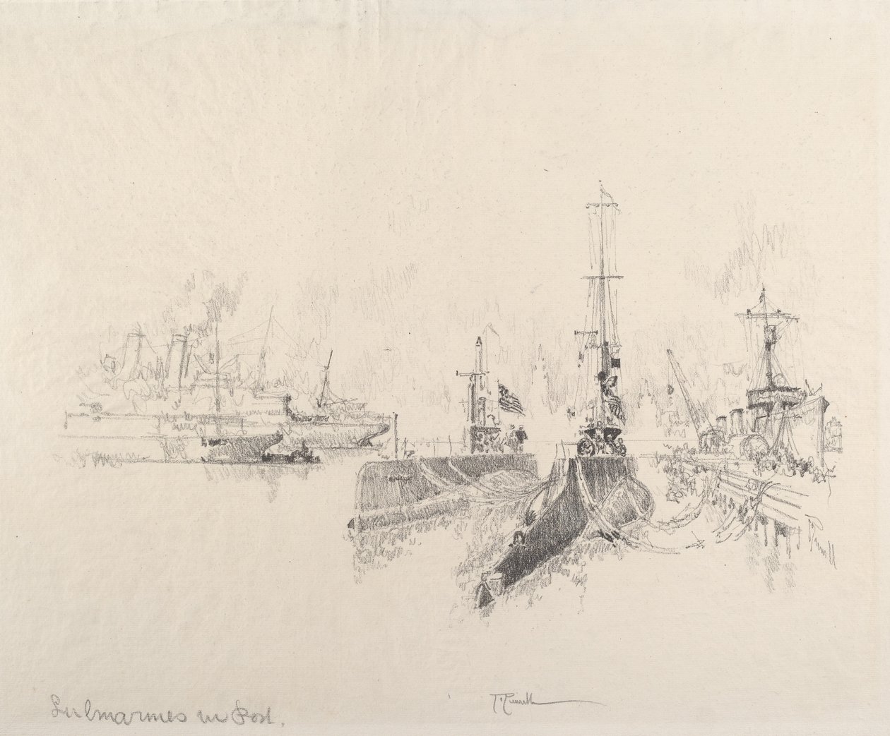 Ubåtar i hamn, 1917. av Joseph Pennell
