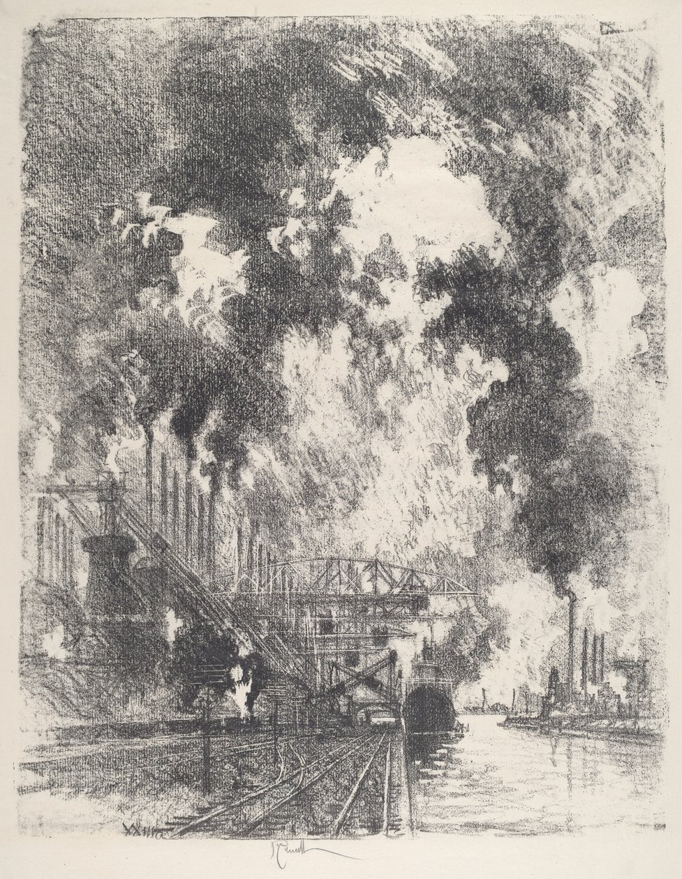 Lossning av malm, 1917. av Joseph Pennell