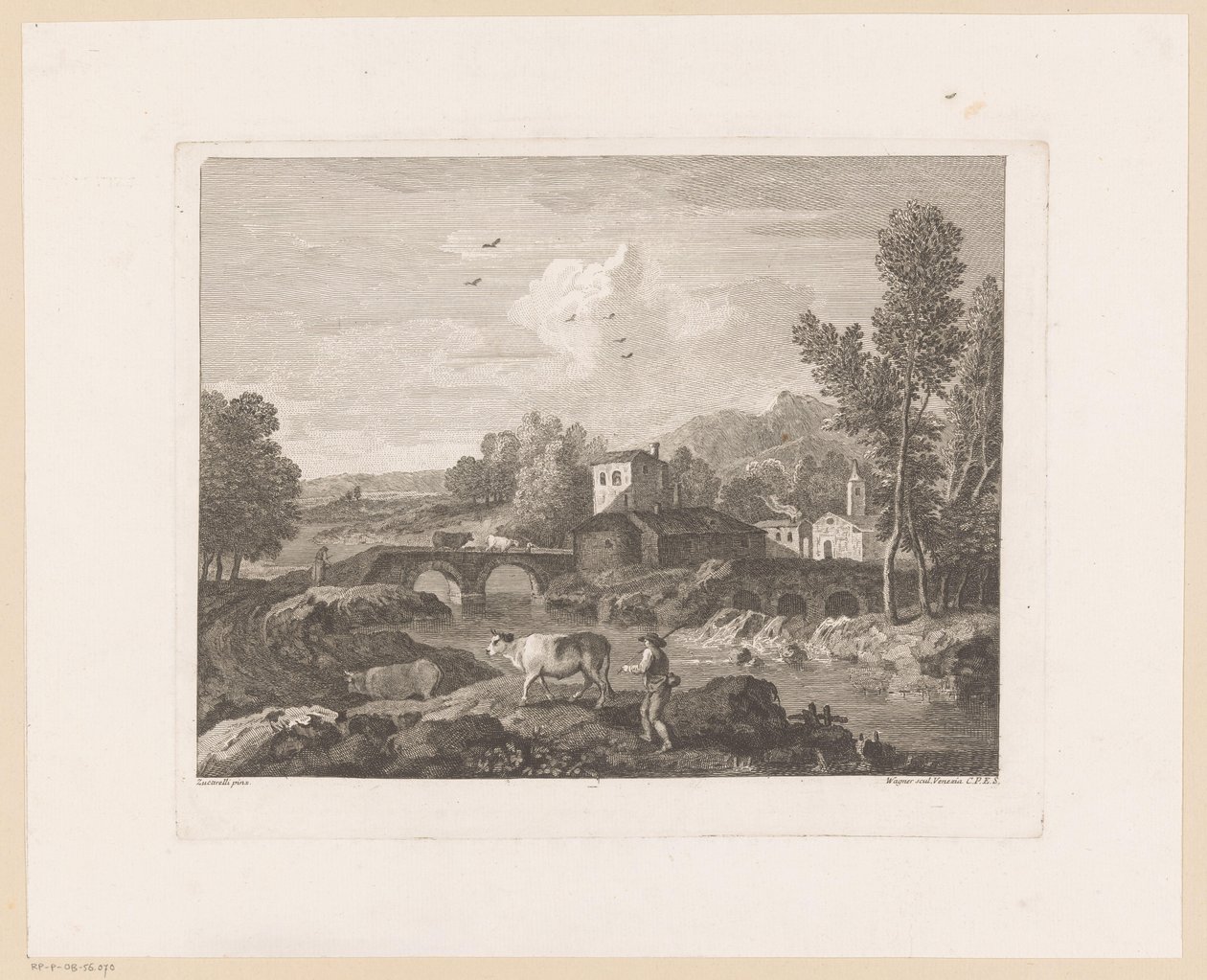 Flodlandskap med en herde och kor på en bro av Joseph Wagner