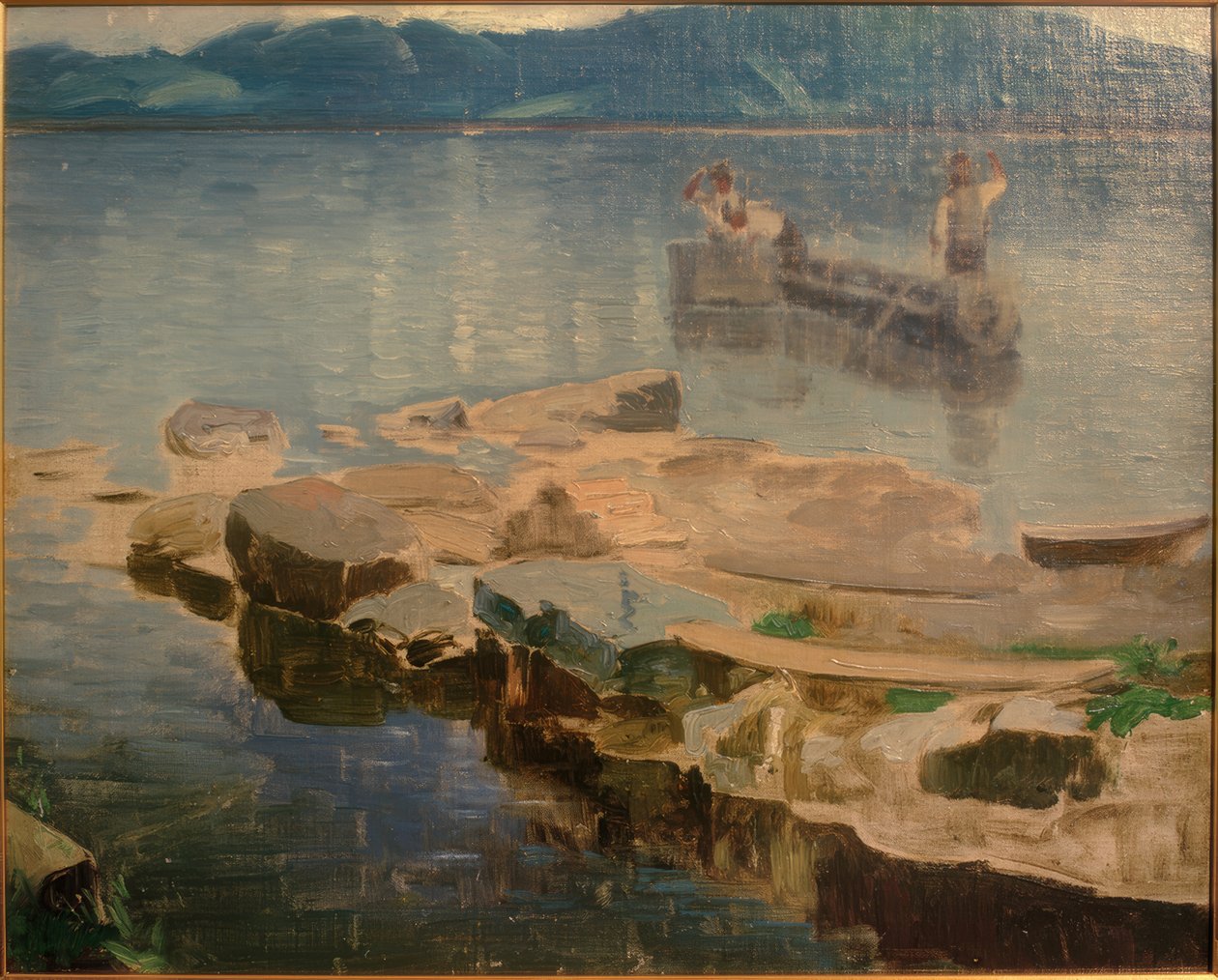 Rock tunga i Eibsee med fiskare av Joseph Wopfner