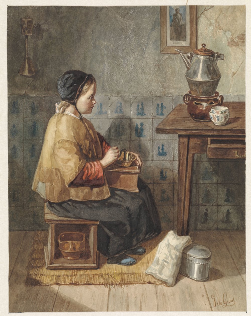 Flicka sitter på en spis av Joseph de Groot