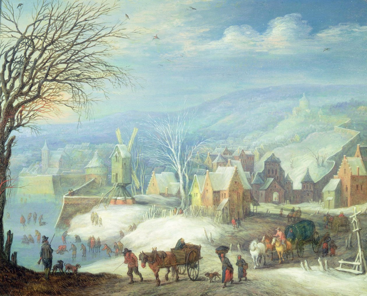 Vinterlandskap med många figurer (panel) av Joseph van Bredael
