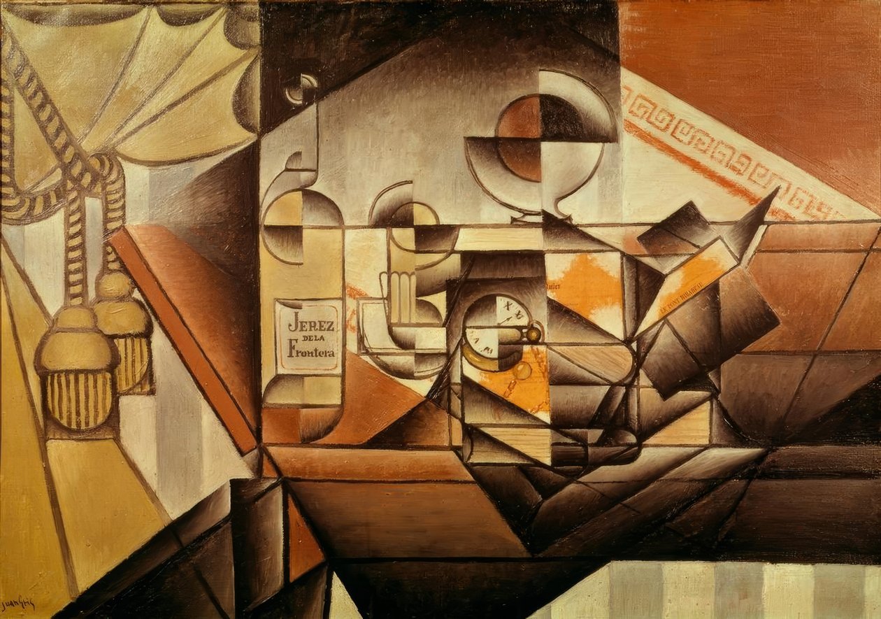 Komposition med klocka. (Klocka och flaska Jerez) av Juan Gris