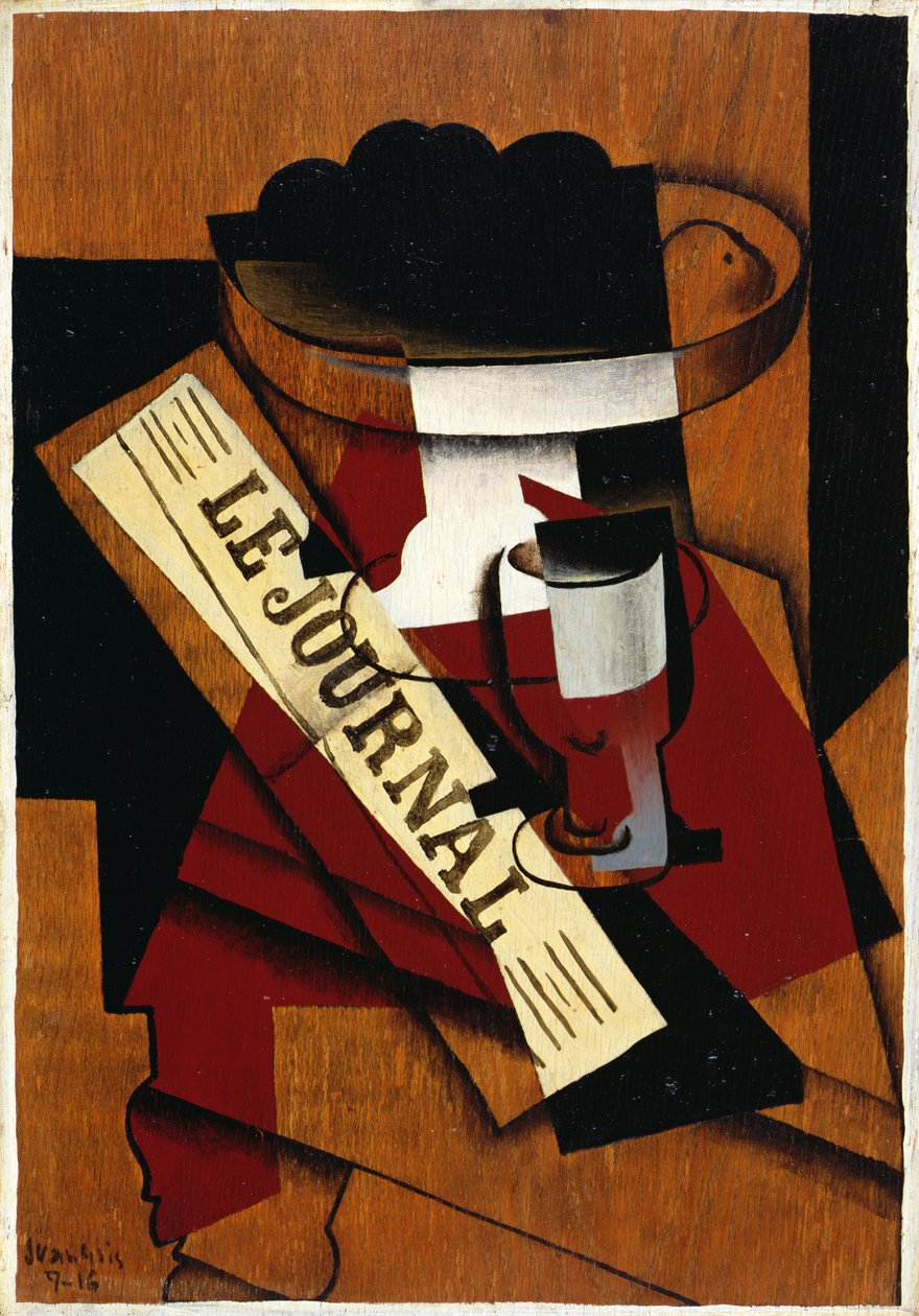 Fruktfat, glas och tidning, 1916 av Juan Gris