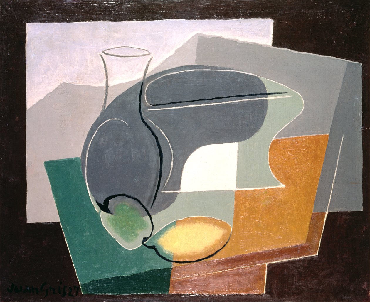 Frugtfad og karaffel, 1927swed av Juan Gris