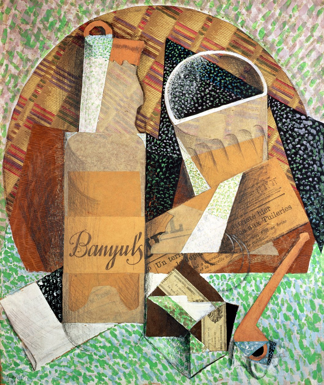 Flaskan i Banyuls, 1914 (gouache och collage) av Juan Gris