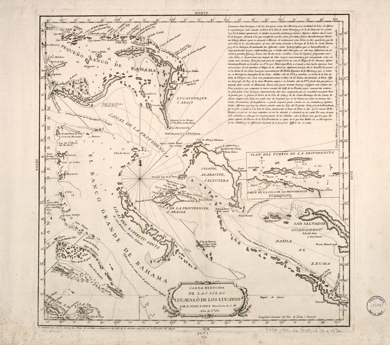 Carta reducida de las islas Lucayas, ò de los Lucayos av Juan López