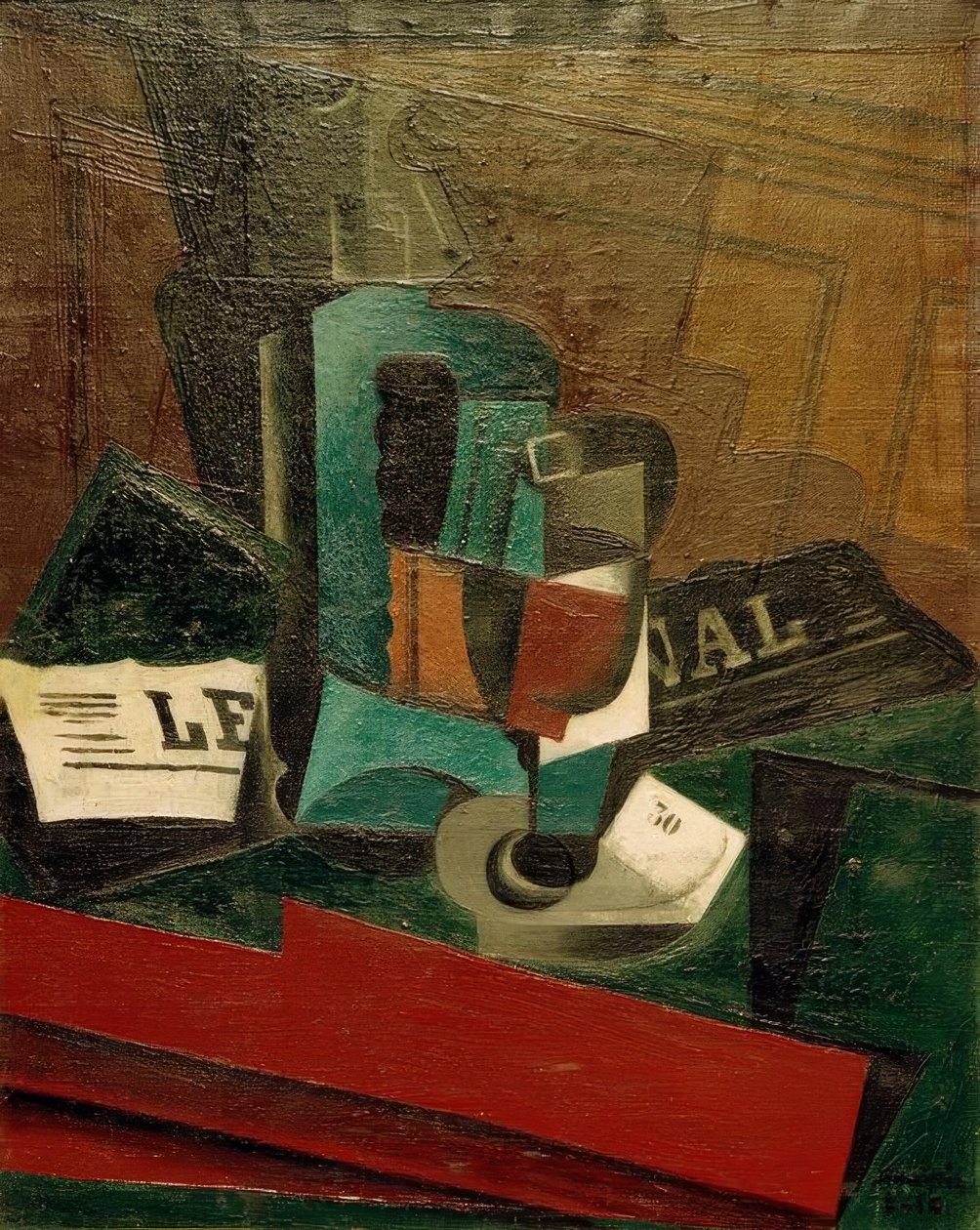 Sifon, glas och tidning av Juan Gris