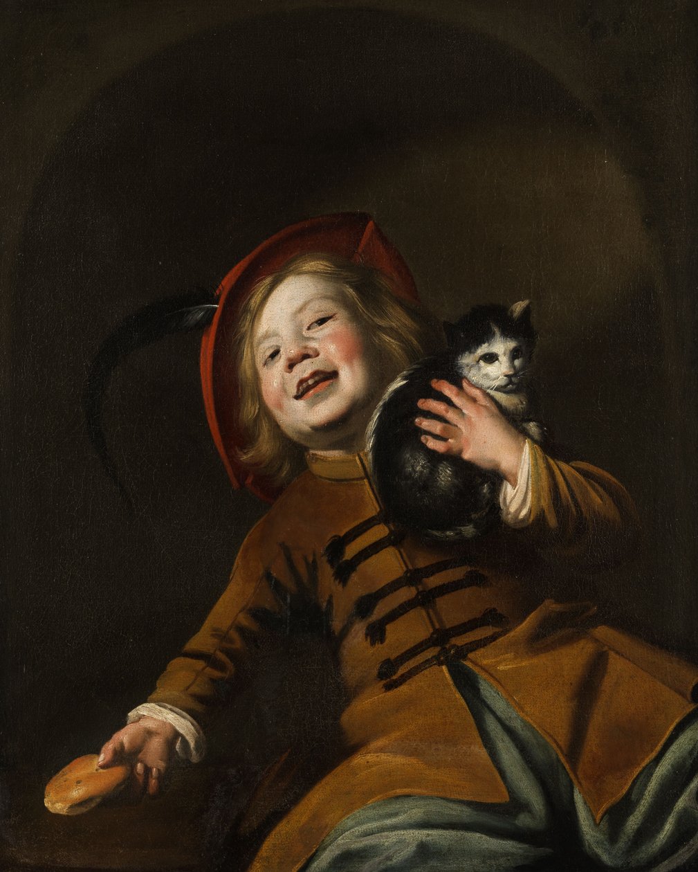 Porträtt av en pojke med en katt, en röd hatt och en bit bröd av Judith Leyster
