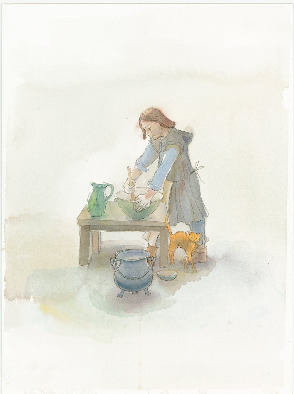 En medeltida kock som lagar mat, 2004. av Judith Dobie