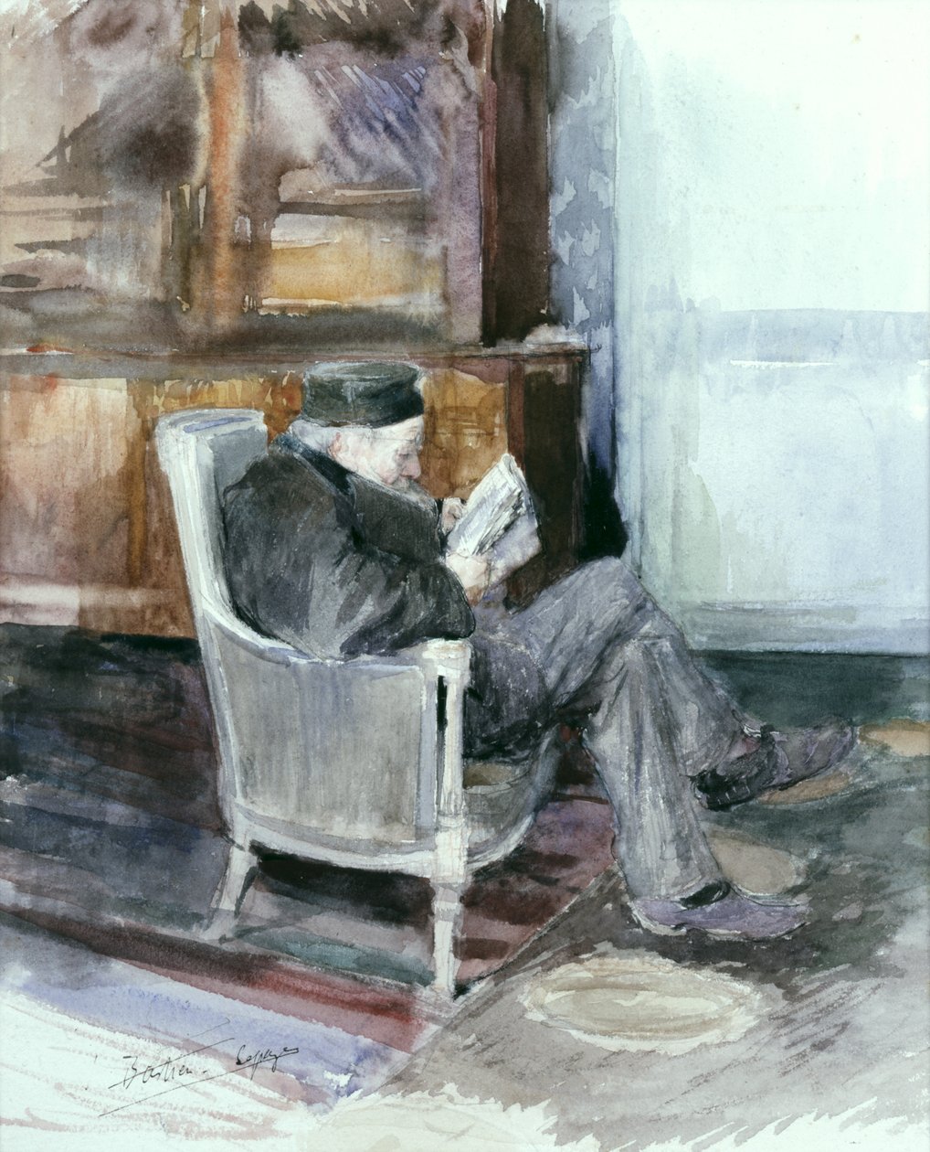 Gammal man sitter i en fåtölj (akvarell) av Jules Bastien Lepage