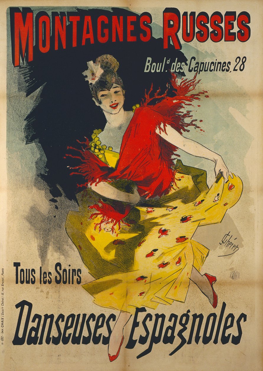 Affisch för "Danseuses Espagnoles" på Boulevard des Capucines i Paris. av Jules Cheret