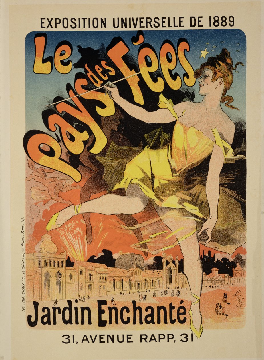 Reproduktion av en affisch med reklam för "Fairyland, The Enchanted Garden", 1889 Universal Exposition, Avenue Rapp, 1889 av Jules Cheret