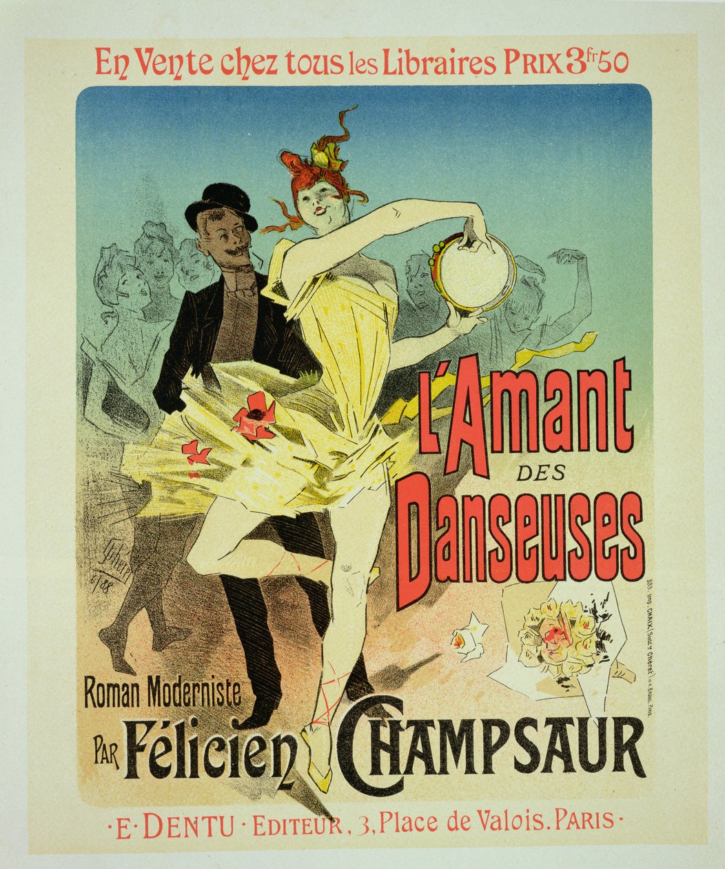Reproduktion av en affisch med reklam för "The Lover of Dancers", en modernistisk roman av Felicien Champsaur, 1888 (se 127004) av Jules Cheret