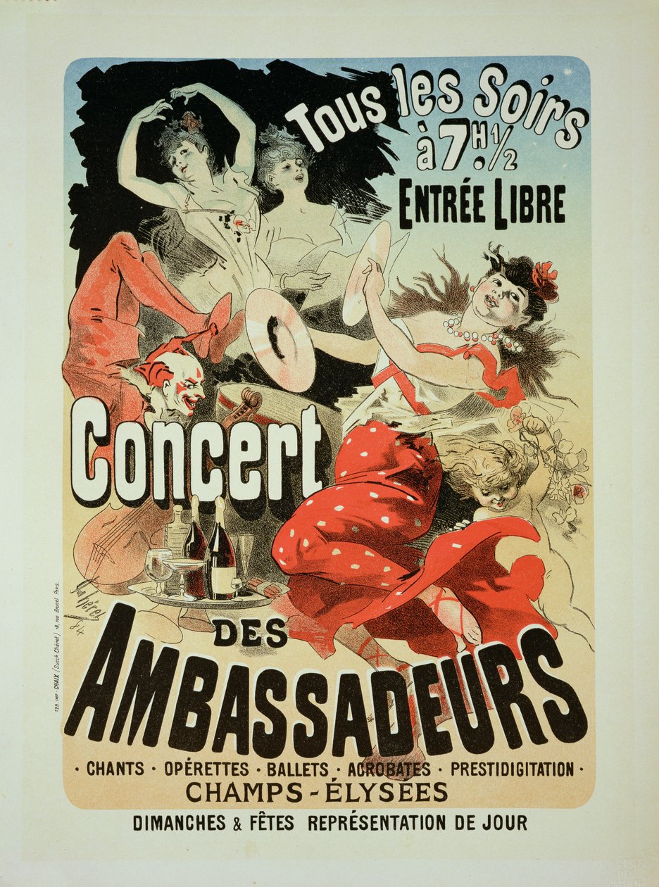 Reproduktion av en affisch som annonserar en "ambassadörskonsert", Champs Elysees, Paris, 1884 av Jules Cheret