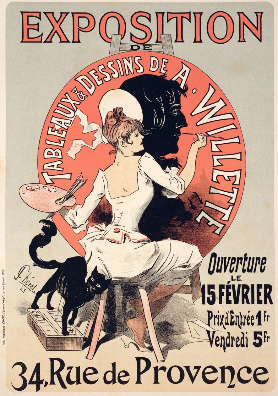 Reproduktion av en affisch som annonserar en "Utställning av målningar och teckningar av A. Willette (1857-1926), Rue de Provence, 1888 av Jules Cheret
