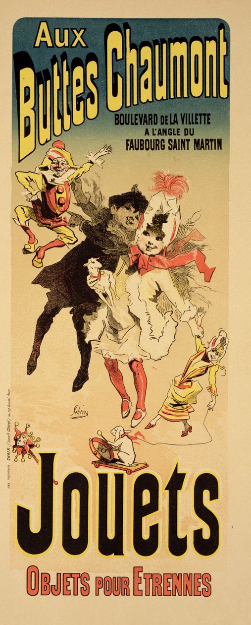Reproduktion av en affisch med reklam för leksaksaffären "Aux Buttes Chaumont". av Jules Cheret