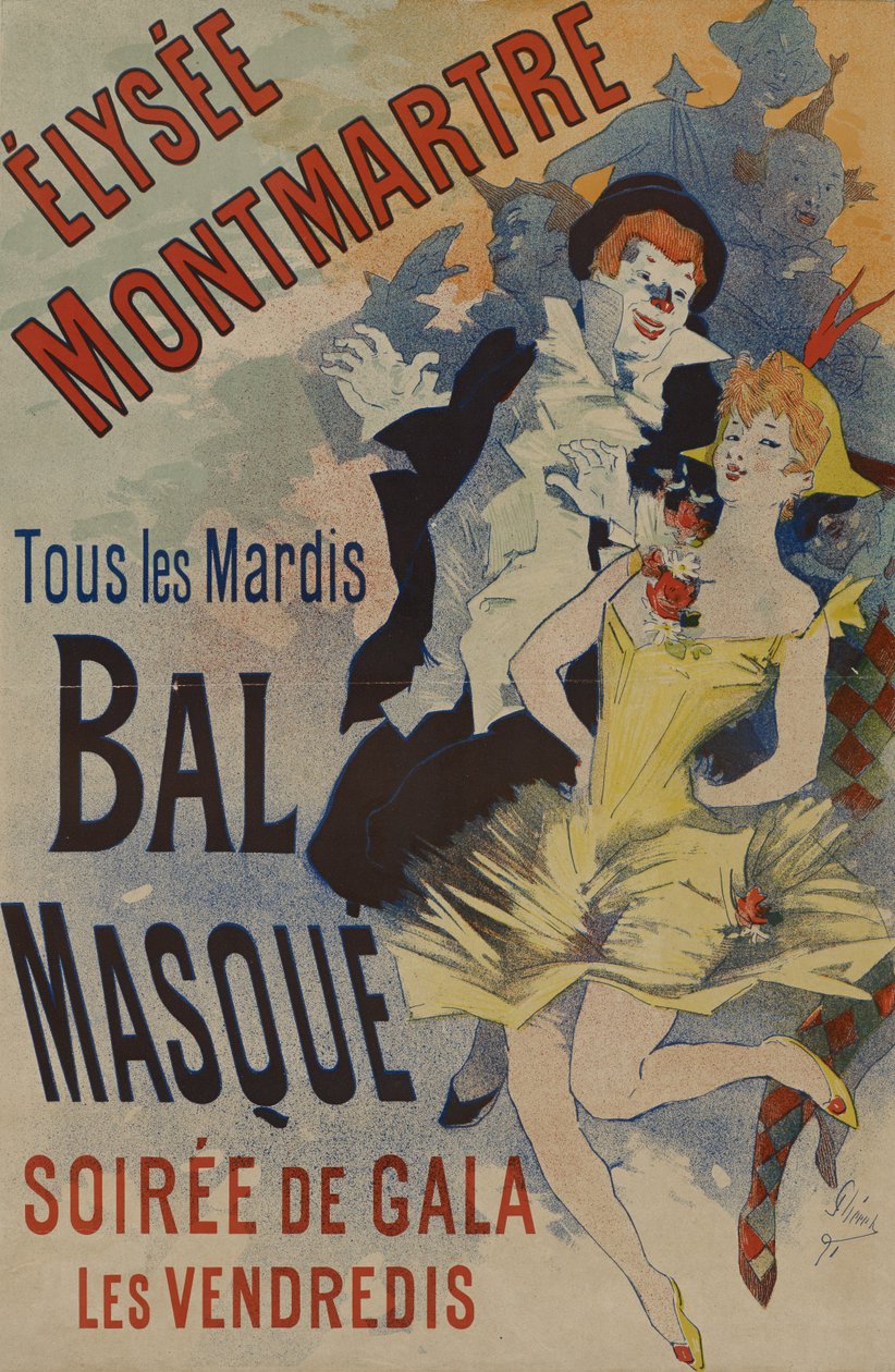 Élysée Montmartre: Bal Masque, publicerad 18 januari 1891 (lito i färg på papper) av Jules Cheret