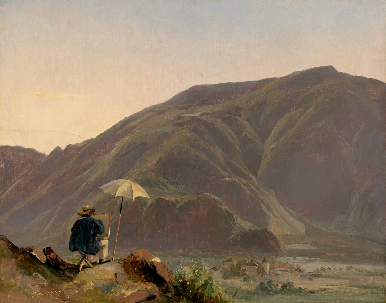 Vy över Bozen med en målare, 1837 (olja på papper på duk) av Jules Coignet