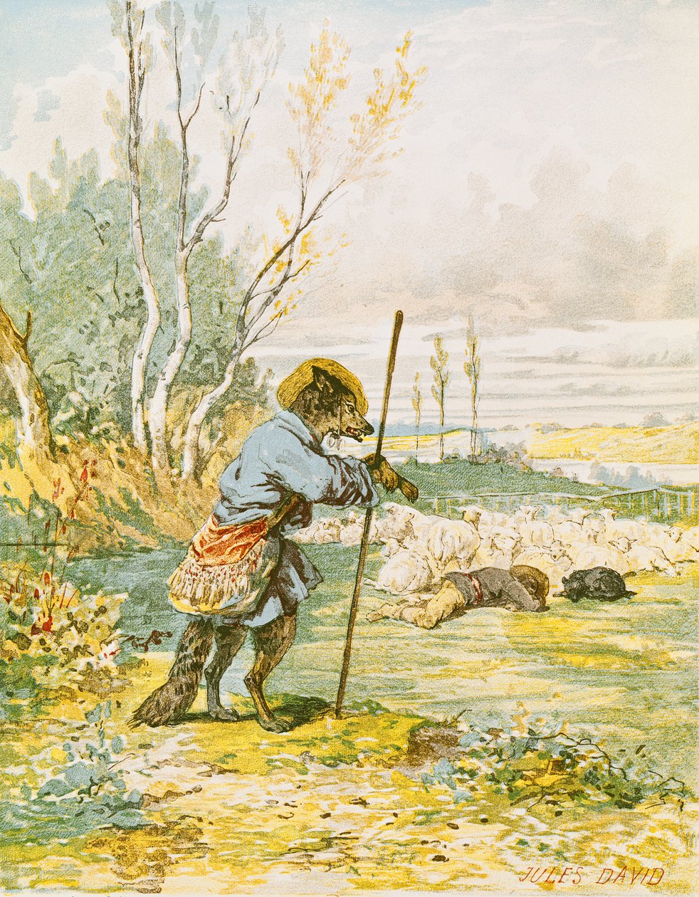 Vargen som en herde, från "Fables" av Jean de La Fontaine (1621-95) av Jules David