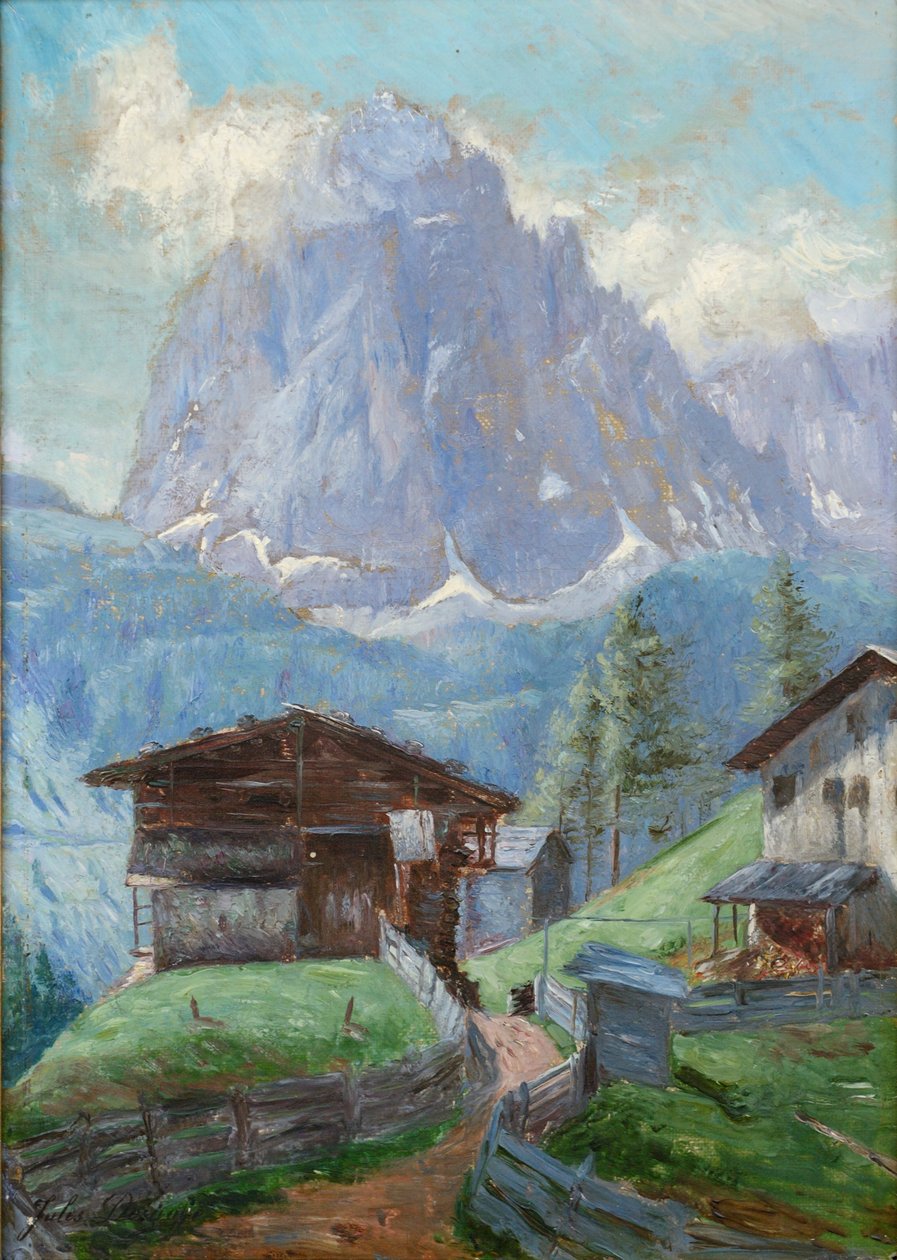 Gehöft Insom mit Langkofel im Grödnertal av Jules Desgoffe