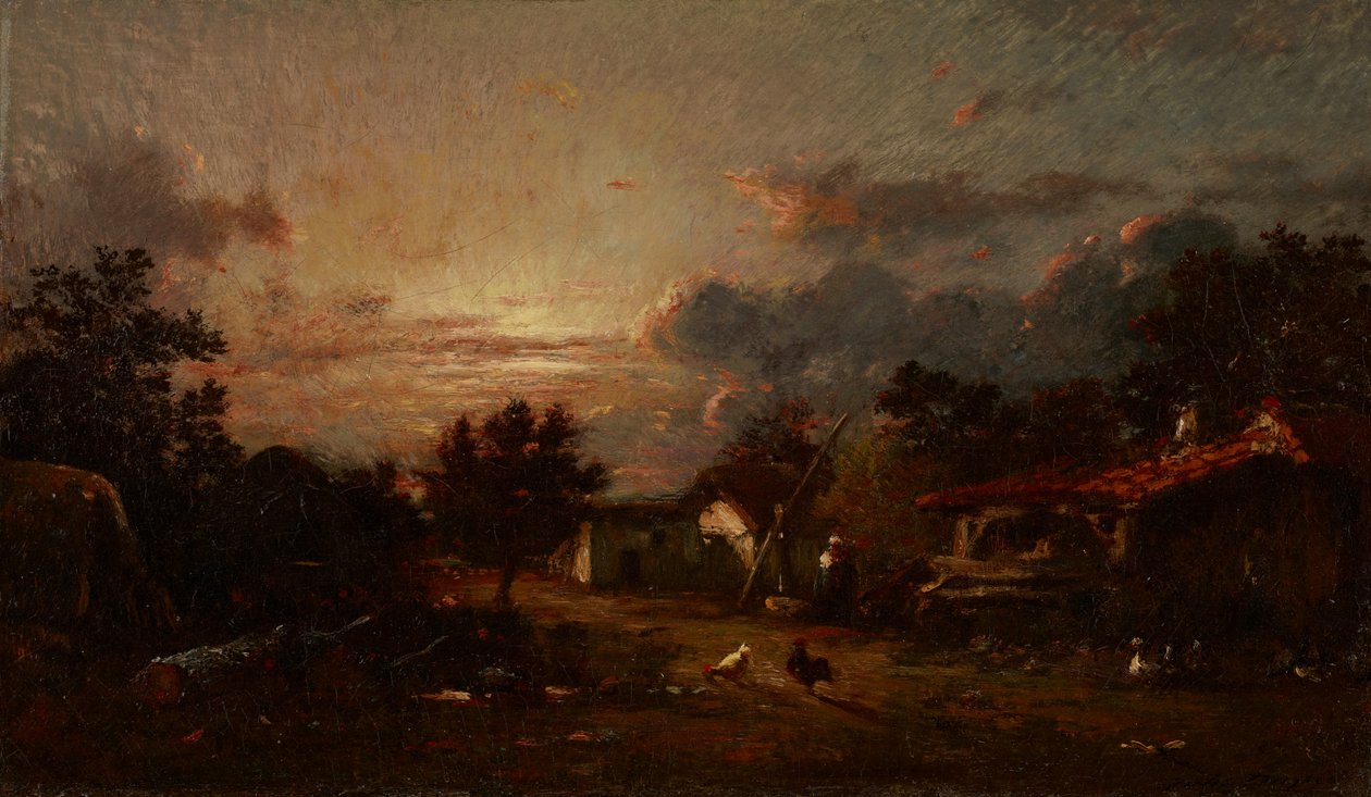 Byscen, solnedgång, ca 1870 av Jules Dupré