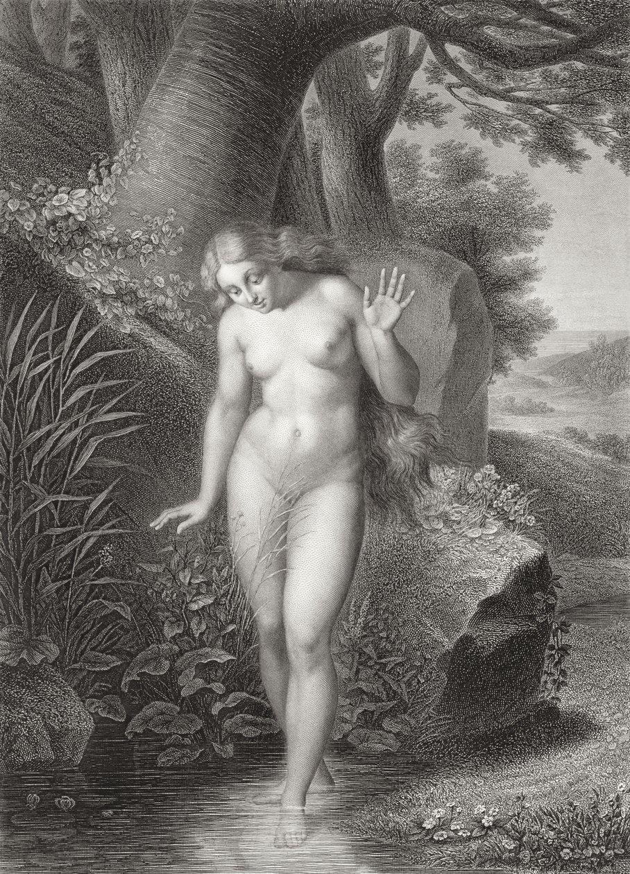 Evas spegelbild i vattnet, från en fransk utgåva av "Paradise Lost" av John Milton (1608-74), graverad av St. Eve och Lalaisse, publicerad 1868. av Jules Richomme