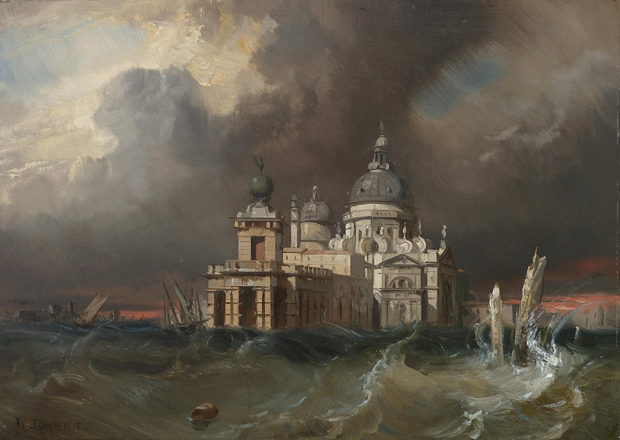 Storm över Santa Maria della Salute i Venedig av Jules Romain Joyant
