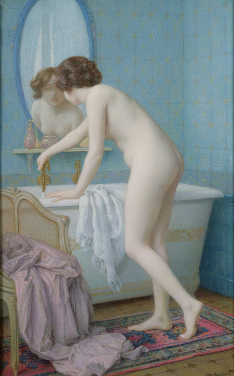 Ung kvinna förbereder sitt bad (pastell på papper) av Jules Scalbert