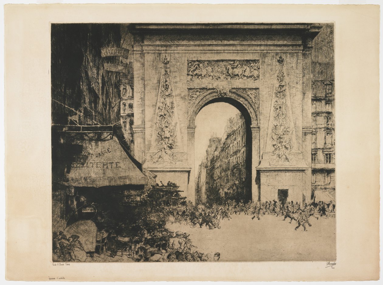 Porte Saint-Denis, Paris, 1928 (etsning, torrnål, akvatint och plåtton) av Jules de Bruycker