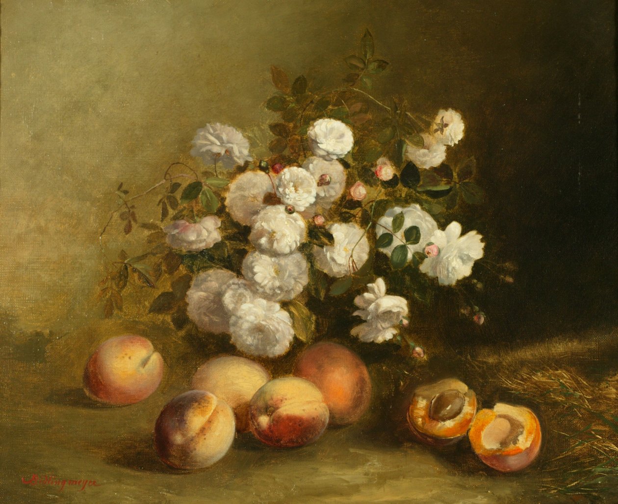 Blommor och aprikoser (olja på duk) av Jules Bidlingmeyer