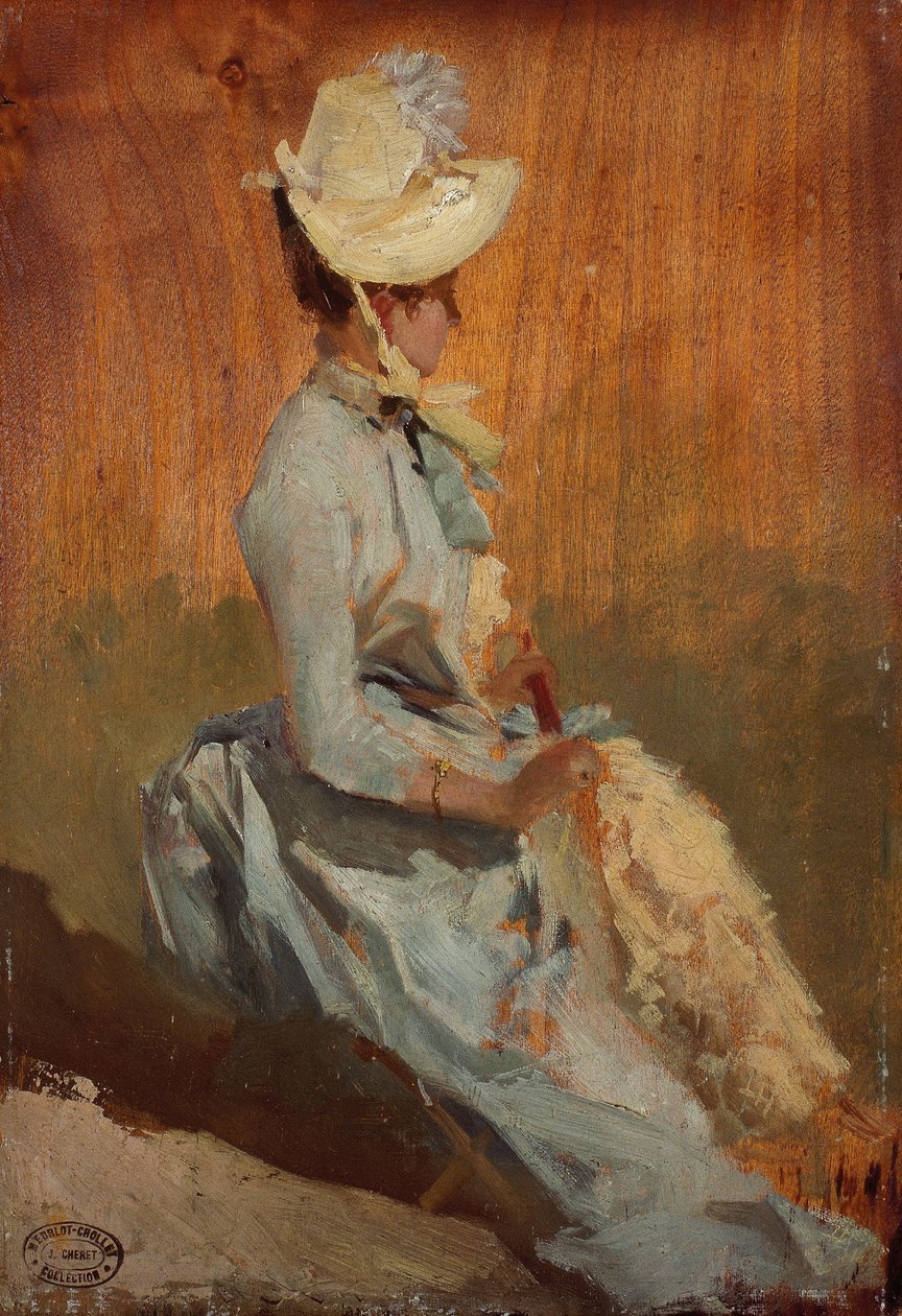 Sittande dam, ca 1879-84 (olja på trä) av Jules Cheret
