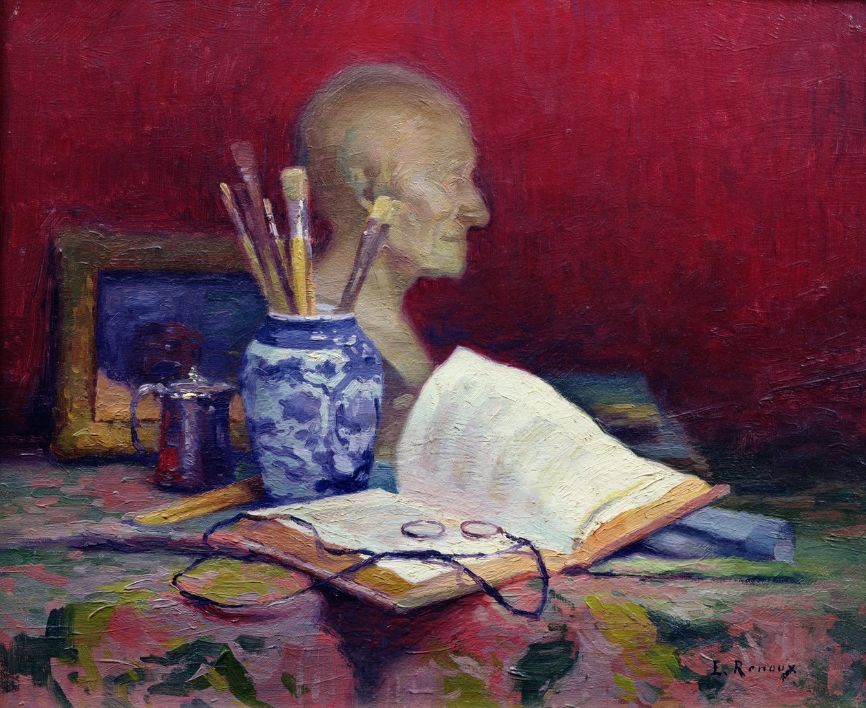 Stilleben med Head of Voltaire av Jules Ernest Renoux