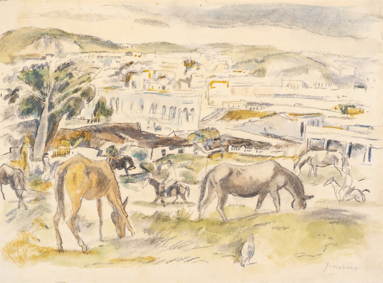 Hästar i landskap (wc på papper) av Jules Pascin