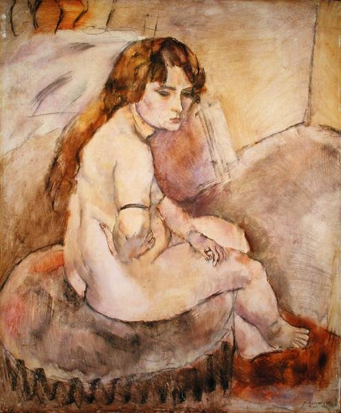 Naken sittande på en hassock av Jules Pascin