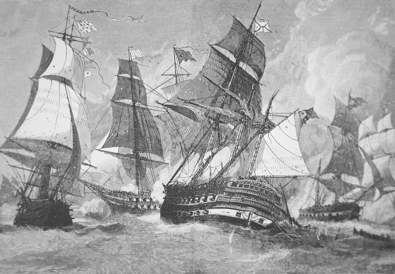 Slaget vid Chesapeake Bay (litho) av Julian Oliver (after) Davidson