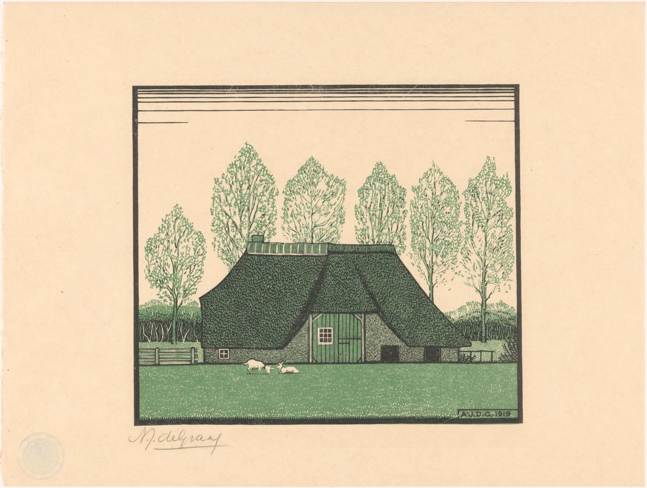 En gård med halmtak av Julie de Graag (signed by artist)