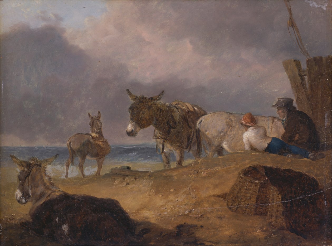 Åsnor och figurer på en strand av Julius Caesar Ibbetson