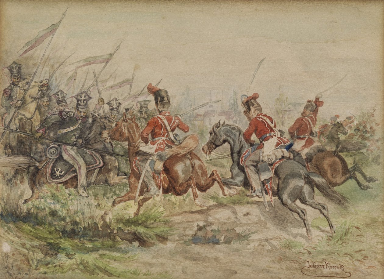 Polnische Soldaten im Kampf gegen Russen. Aquarell. av Juliusz Fortunat Kossak