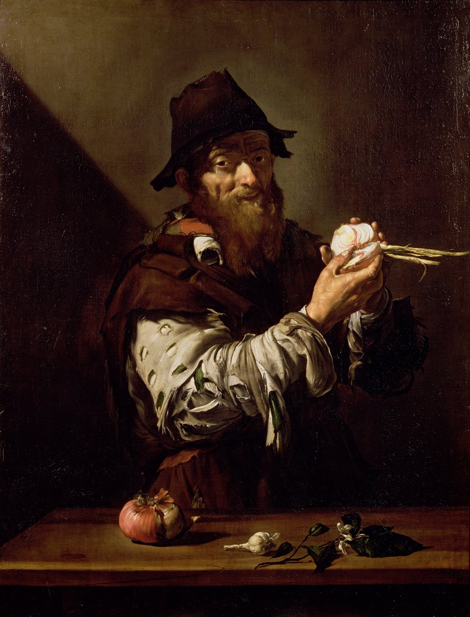 Porträtt av en gammal man med en lök av Jusepe de Ribera
