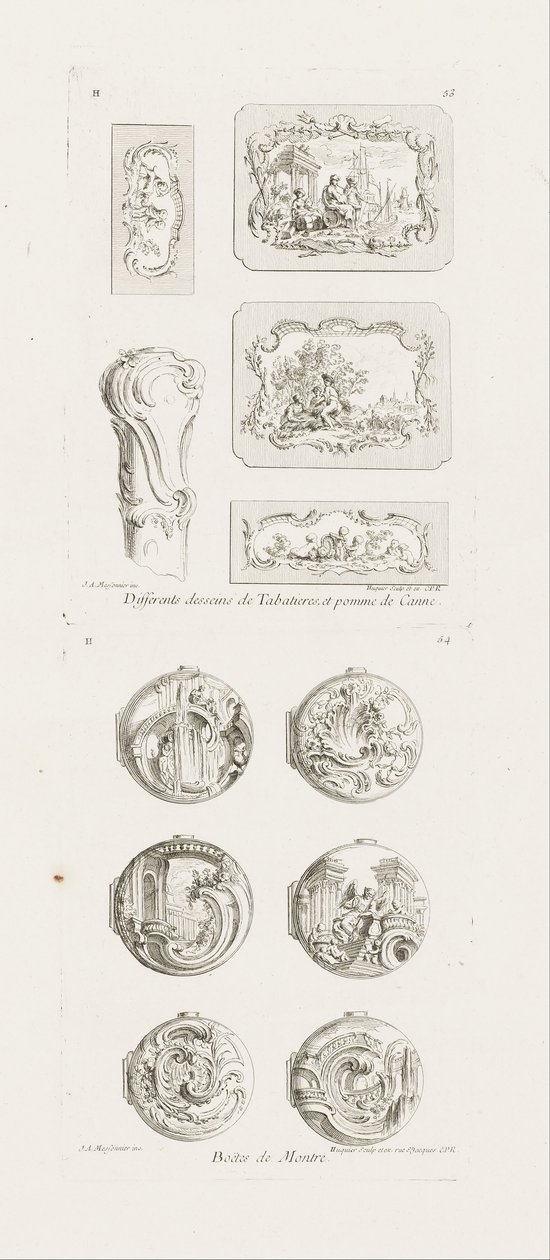 Differents desseins de Tabatières, et pomme de canne, cinquième planche (Different Designs for Snuff... av Juste Aurèle Meissonnier