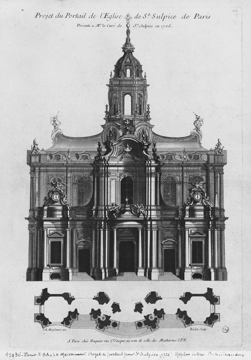 Projekt för kyrkan Saint-Sulpice, höjd av fasaden, Paris, graverad av Riolet, 1726 (bw foto) av Justin Aurele Meissonier