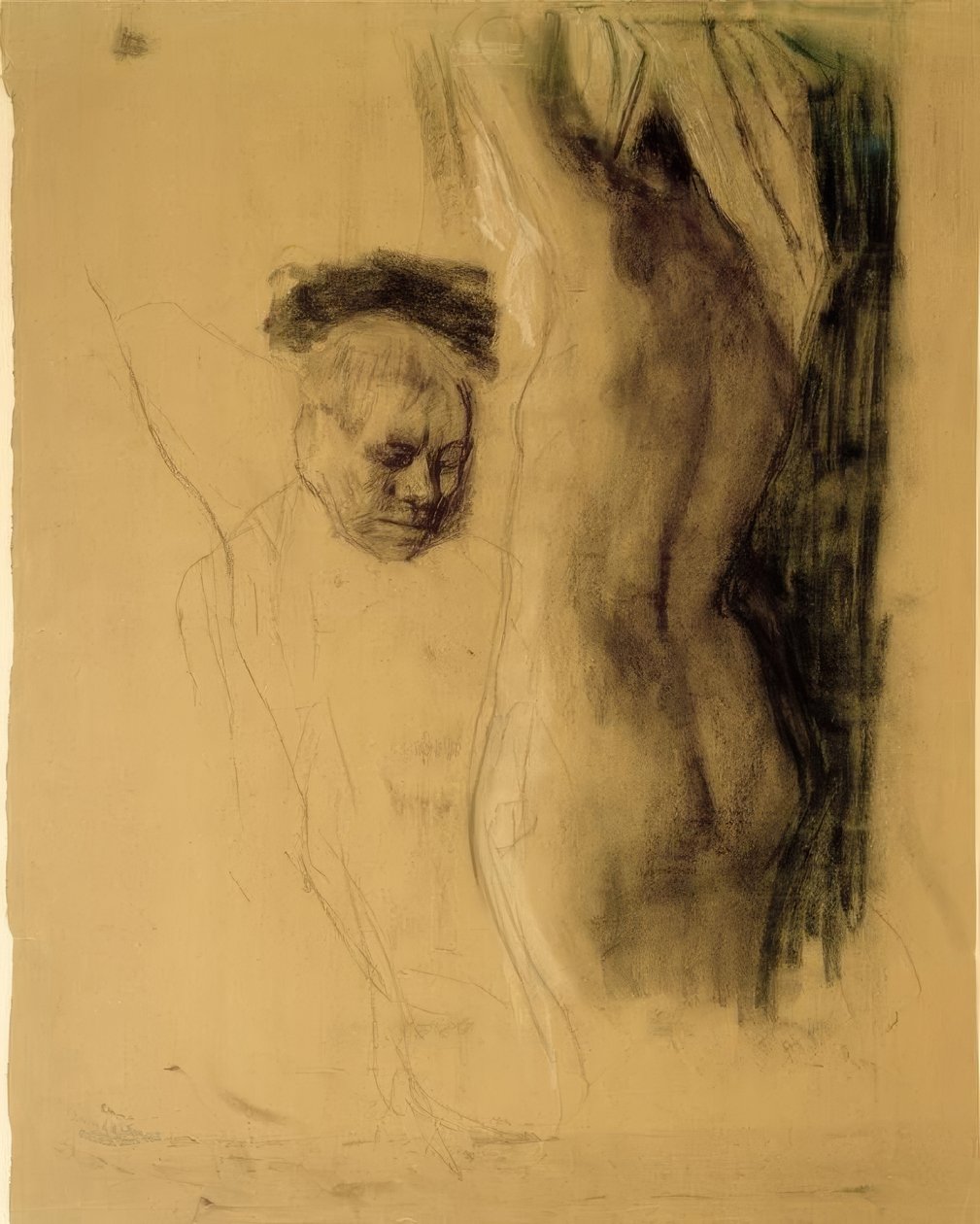 K. Kollwitz, man som knäböjer framför en kvinnlig naken av Käthe Kollwitz