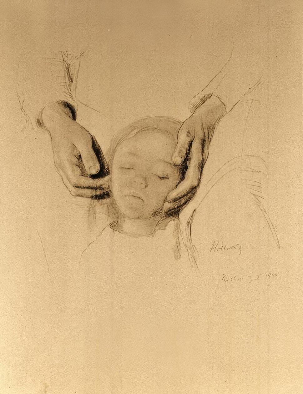 K.Kollwitz, Barnhuvud i händerna. av Käthe Kollwitz