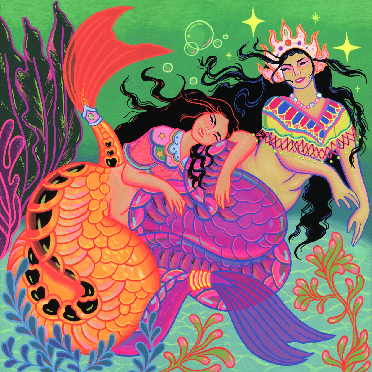 Sapphic Mermaids, 2020 (akryl på panel) av Kam Tsz