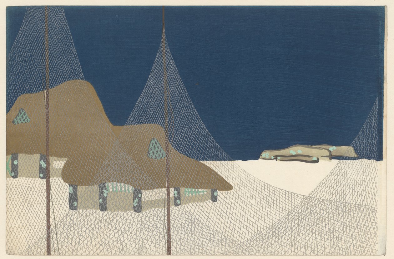Fiskeläge, 1909 (trätryck) av Kamisaka Sekka