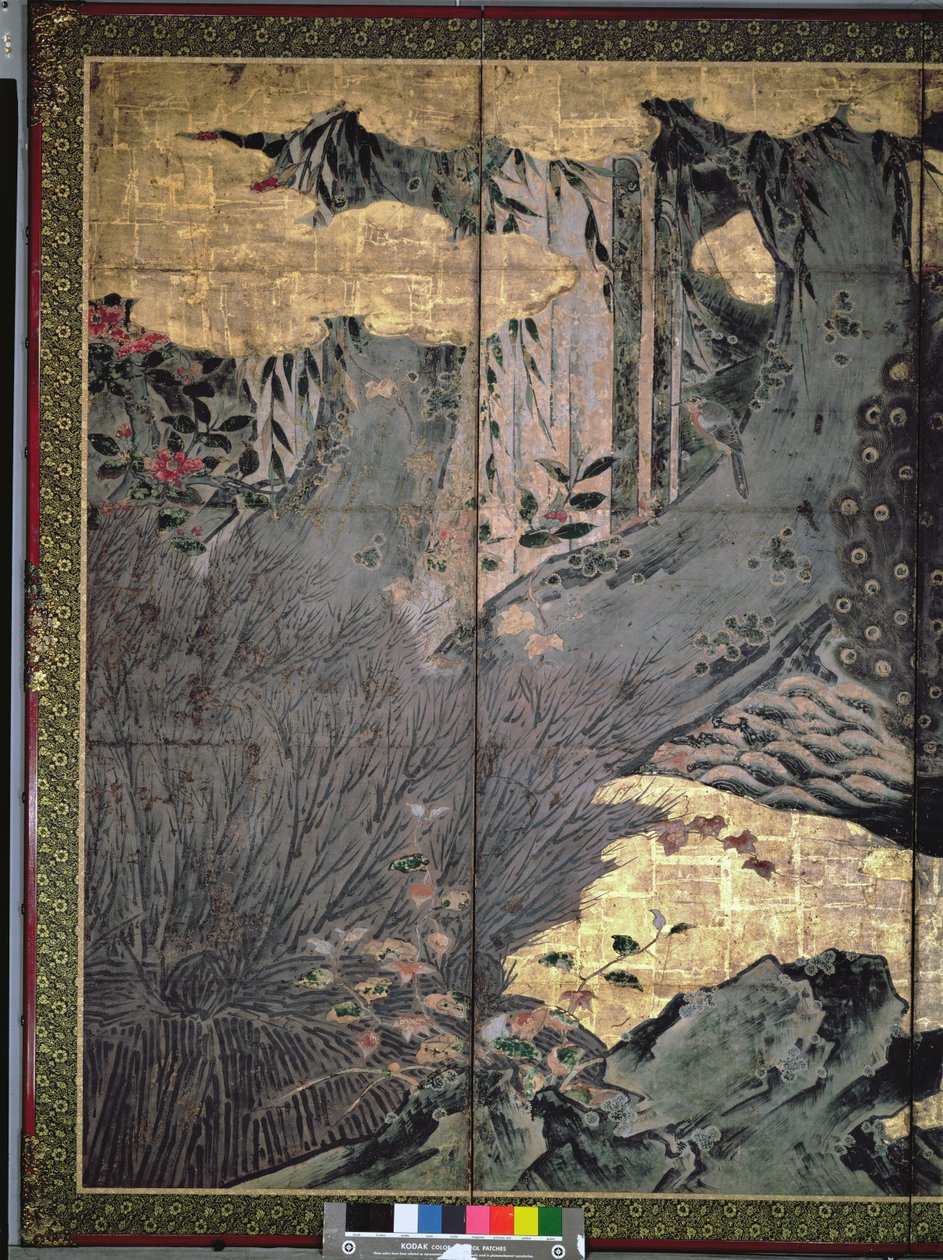 Fåglar och blommor från de fyra årstiderna (penna och bläck, färg, guldpapper på panel) (se 216552, 216553) av Kano Soshu