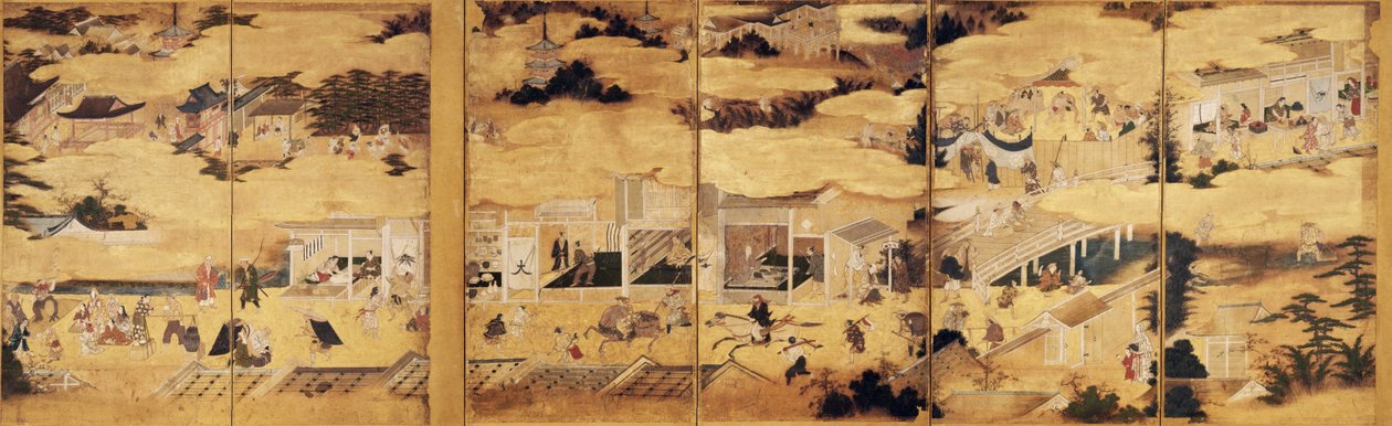 Scenes in and around the Capital, pair of six-fold byobu av Kano Takanobu